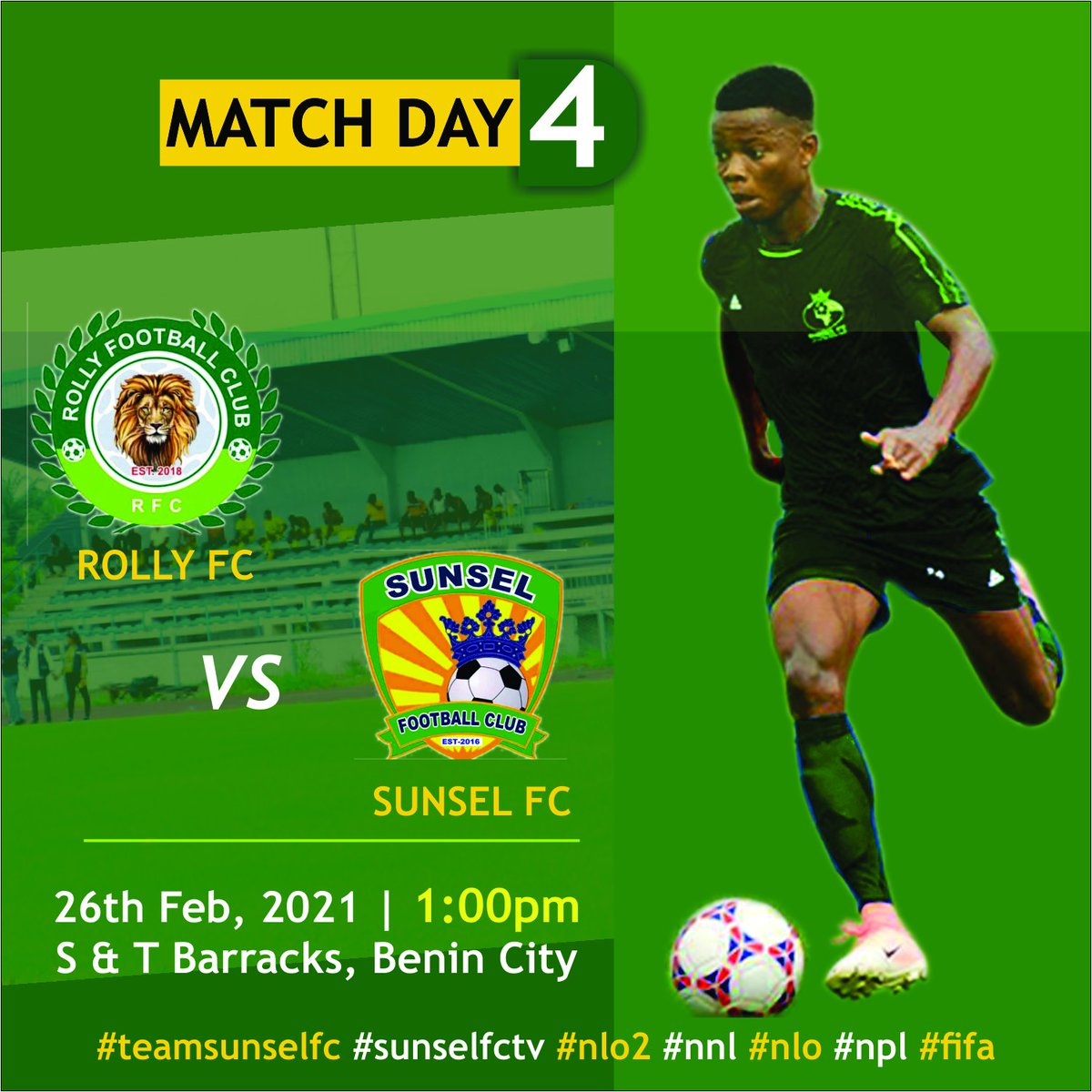 sunsel_fc's tweet photo. Another for another chance...
Rolly FC of Benin battles Sunsel FC of Delta
Time: 1:00PM
Venue: S & T Barracks, Benin City
#teamsunselfc #sunselfctv #nlo2 #NPFLTransfer #NPFL21 #fifa #npl https://t.co/sZuBwNq2Qh