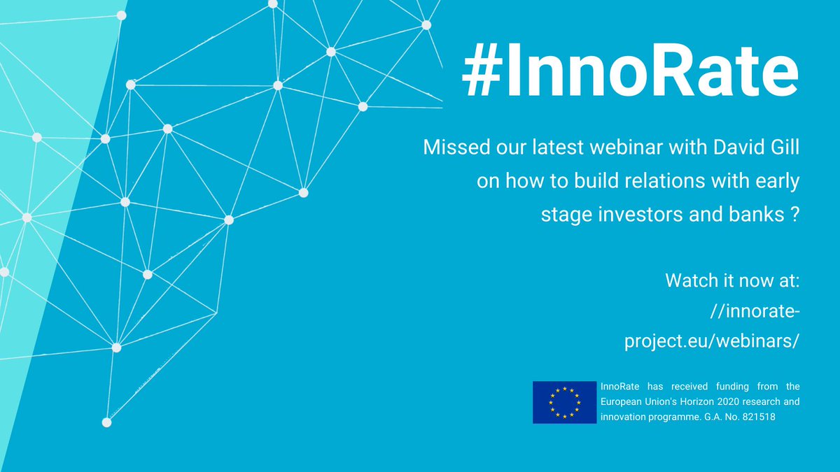 innorateproject's tweet photo. Missed our latest webinar with David Gill on how to build relations with early investors and banks? You can find a recap and watch it at our website: https://t.co/jp56YsiFm7. #InnoRate is now on its second pilot-round. Stay tuned for more webinars on how to attract #investors https://t.co/fzldi3UGlU