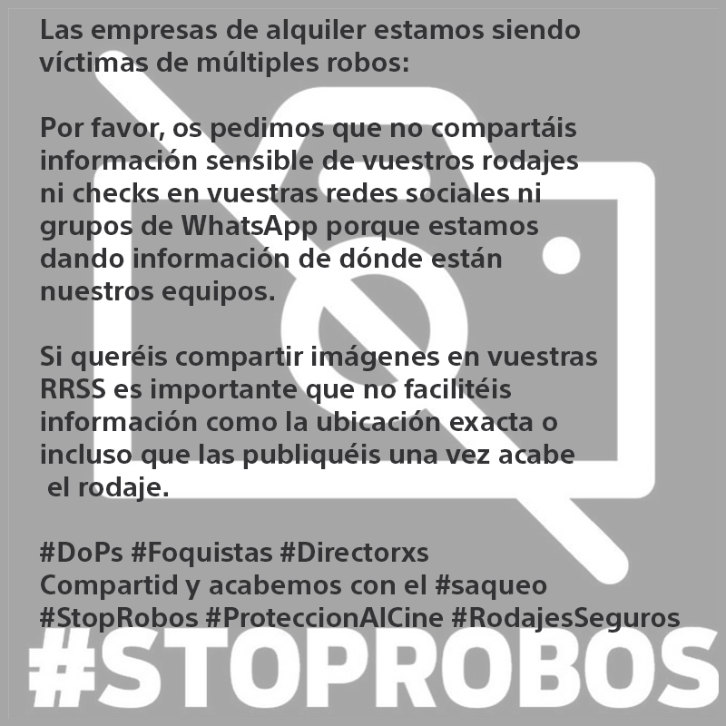 cine_tecnico's tweet photo. Las empresas de alquiler estamos siendo víctimas de múltiples robos.
#DoPs #Foquistas #Directorxs 🙏 Compartid y acabemos con el #saqueo
#StopRobos
#ProteccionAlCine
#RodajesSeguros https://t.co/RNvEsWOq3t