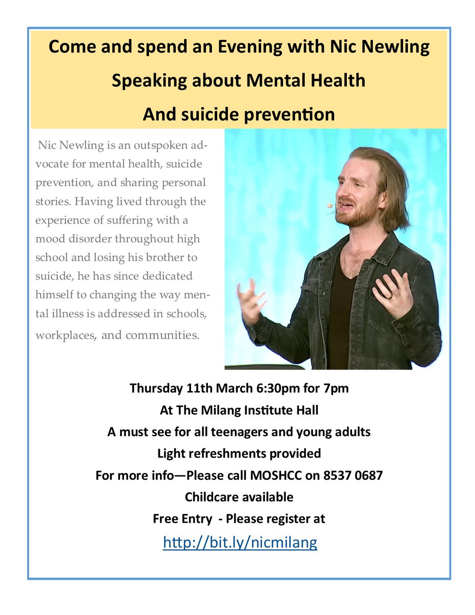 moshcc's tweet photo. Nic Newling - A Milang Youth Event: Mental Health and Suicide Prevention - https://t.co/zOssFwz5Md https://t.co/0Ufs8r80UF