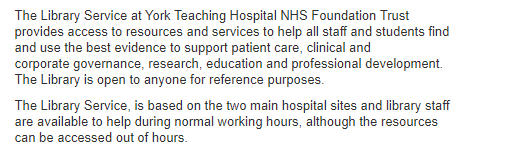 YSNHSLibrary's tweet photo. The Library’s webpage is a one-stop shop for information about who we are and what we do. Find links to the catalogue, our helpful library guides, and much more here: https://t.co/ZelXbE8Rlh 
@YorkTeachingNHS #YorkNHSLibrary https://t.co/vsszht1AG0