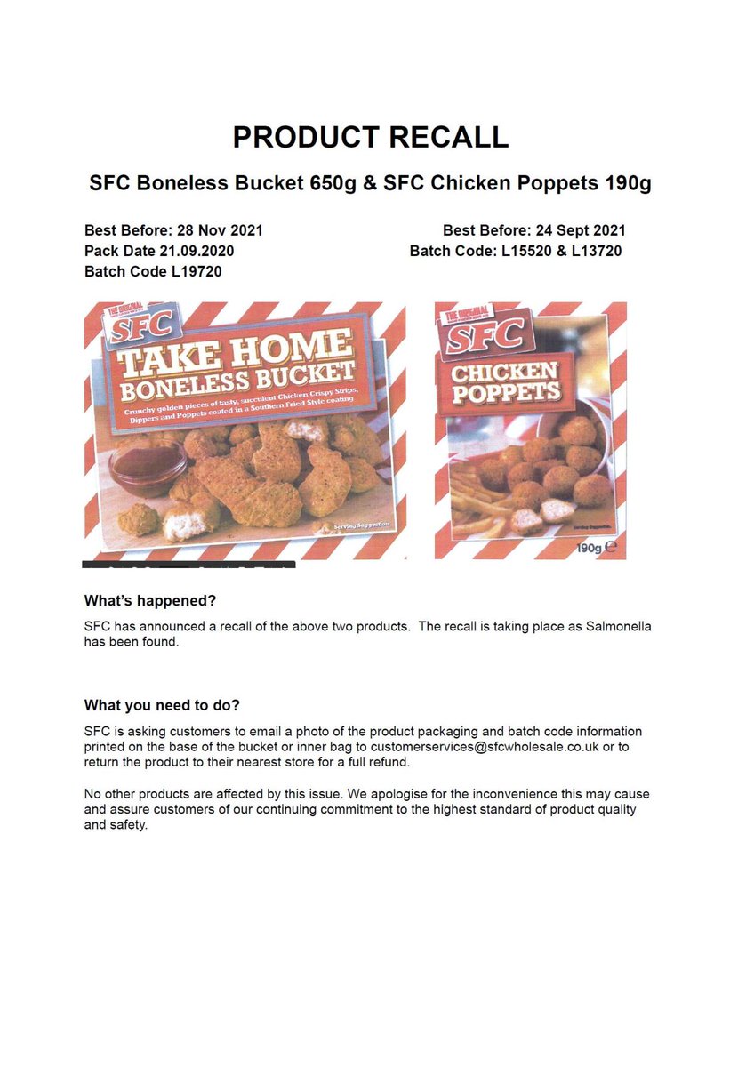 Food Safety Recall: SFC Chicken Poppets and Take Home Boneless Bucket as Salmonella has been found in the products. 
Batch codes starting PKW displayed on outside of box. Batch codes starting with an L are displayed on the inner packaging inside the box. bit.ly/3aTOQbF