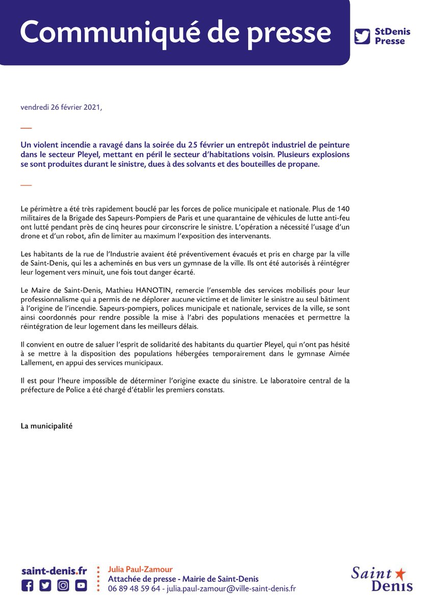 I COMMUNIQUÉ DE PRESSE I
Incendie important à Saint Denis

Retrouvez le communiqué en ligne ⬇️
ville-saint-denis.fr/communique/imp…