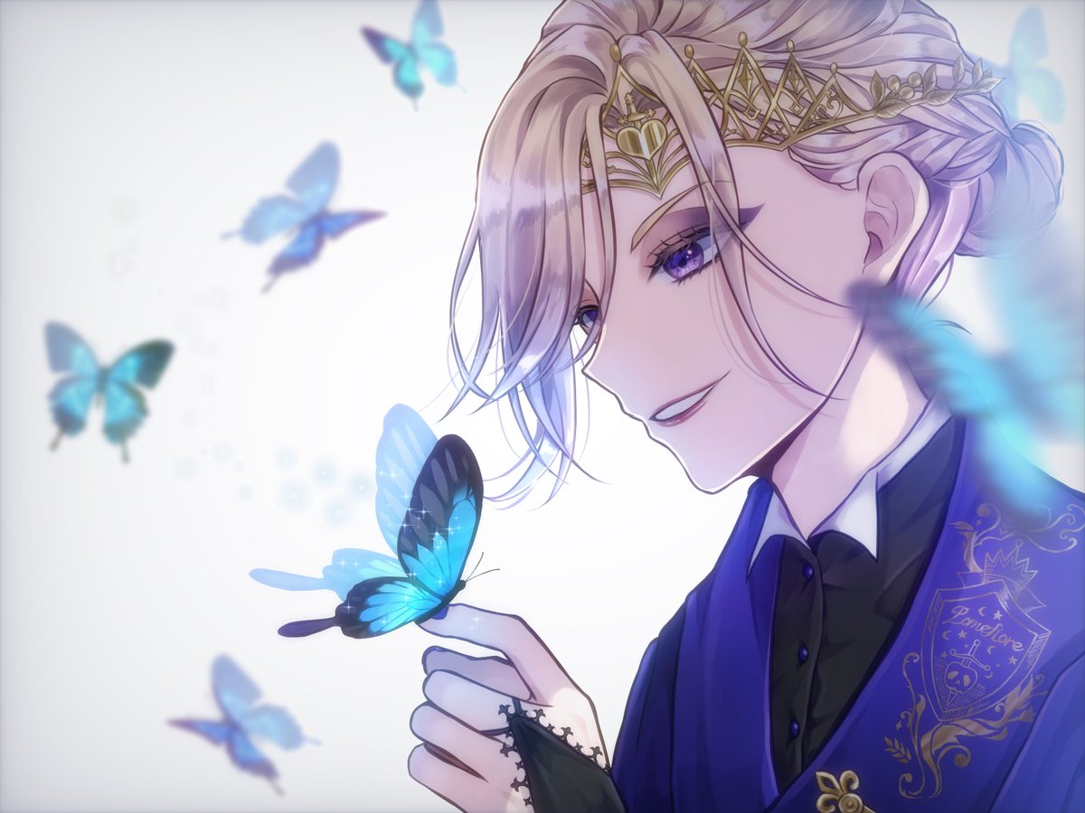 1boy bug butterfly male focus purple eyes blue butterfly blonde hair  illustration images
