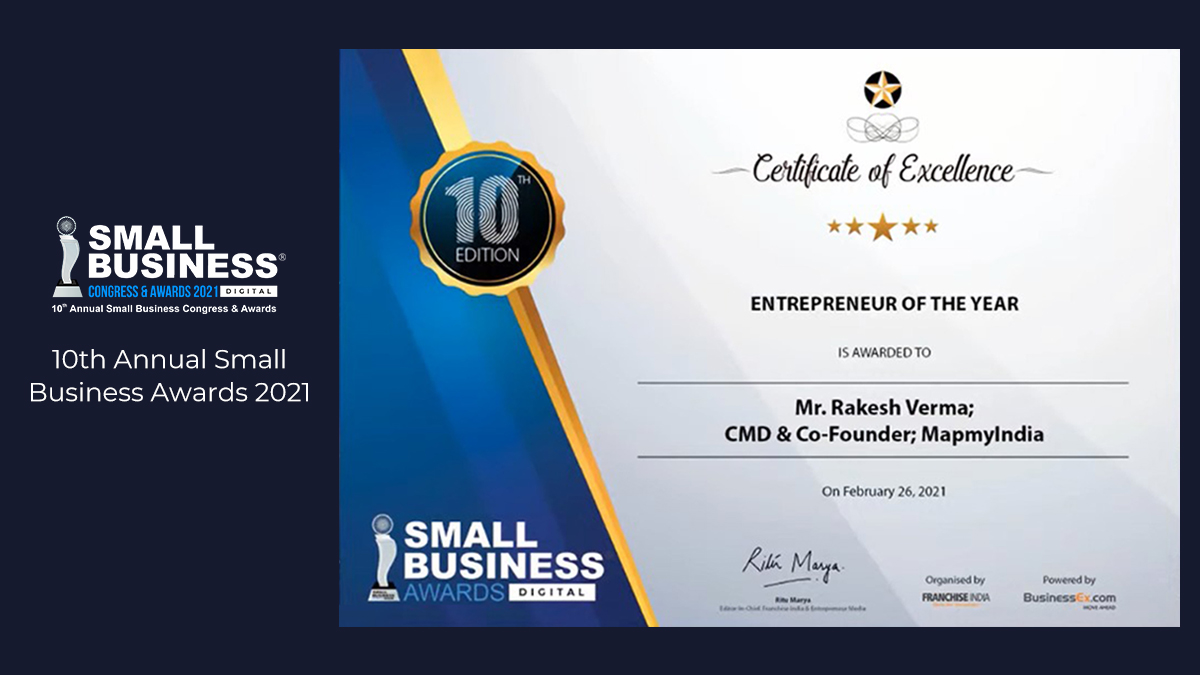 MapmyIndia's tweet photo. We thank @FranchiseIndia for awarding Mr. Rakesh Verma, CMD &amp; Co-founder MapmyIndia as Entrepreneur of the Year at Franchise India 10th Annual Small Business Congress &amp; Awards 2021.

#SBA2021 #SmallBusinessConference #SBA #Entrepreneur https://t.co/nyhCbBZ1Ju