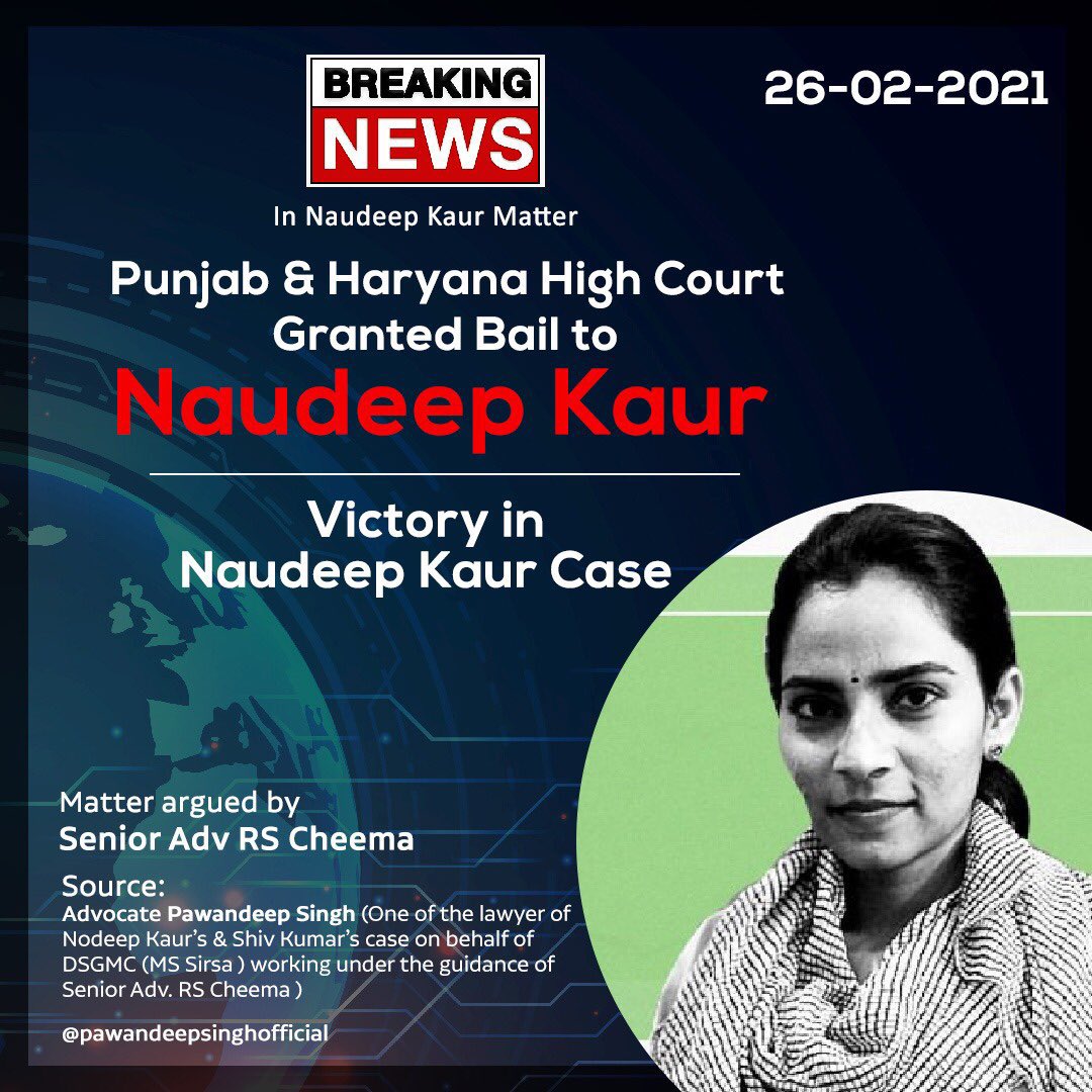 Punjab2000music's tweet image. Day 94: Good News ! 
#NodeepKaur Granted bail by High Court
Argued by Sr RS Cheema ji. 
Adv Pawandeep Singh @Deepmajhewala 
#FreeNodeepKaur 
#FreeShivKumar 
#FreeJaggiNow
