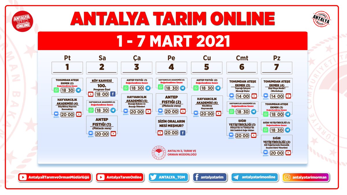 #AntalyaTarımOnline

Müdürlüğümüz Uzaktan Eğitim Faaliyetleri kapsamında 01-07 Mart 2021 programımız

Güncel ücretsiz eğitimlerimize kayıt olmak için aşağıdaki linke tıklayınız;

docs.google.com/spreadsheets/d…

#GelecekTarımda

<a href="/gokhankaraca_/">Gökhan Karaca</a> <a href="/ersinyazici1/">Ersin YAZICI</a> <a href="/bekirpakdemirli/">Dr. Bekir Pakdemirli</a> <a href="/TCTarim/">T.C. Tarım ve Orman Bakanlığı</a>