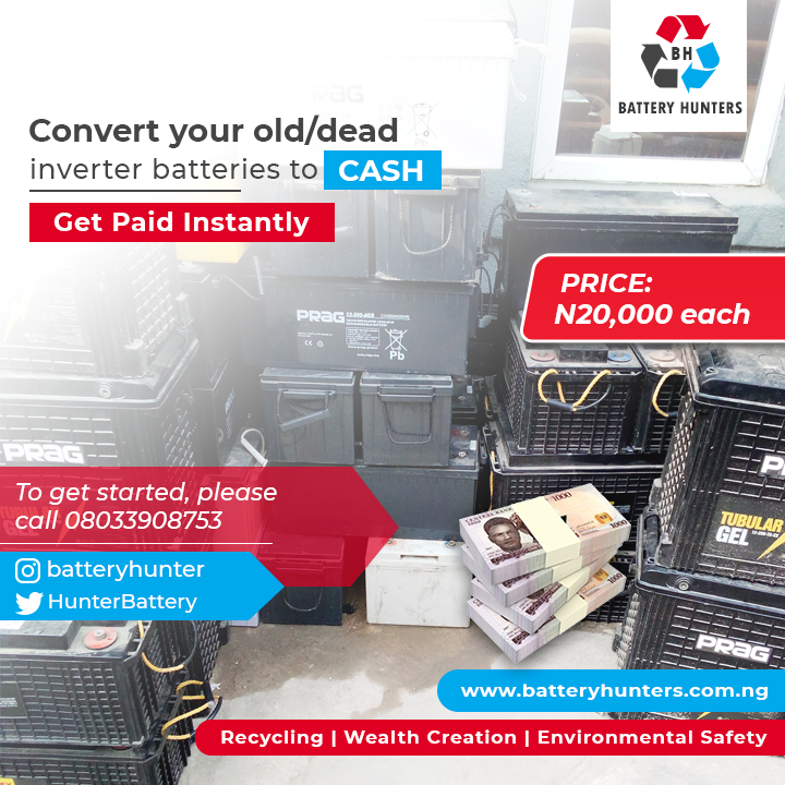 HunterBattery's tweet image. Got old/dead inverter, UPS, car batteries? Convert them to cash. Get paid instantly. To get started, please call 08033908753 or visit batteryhunters.com.ng for more information and enquiries.
#BatteryHunters 
#RecycleRight 
#EnvironmentalProtection 
#MakeMoney