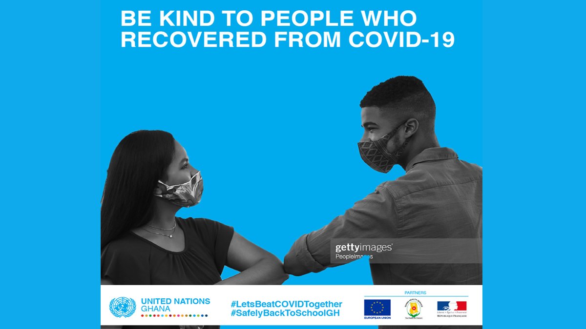 UNinGhana's tweet photo. Discrimination is not a way to fight #COVID19. Practicing the safety protocols is the way to go, as we show kindness to people who have been affected by the virus. We are all in this together so letβs help stop the spread of COVID-19.
#SafelyBackToSchoolGH
#LetsBeatCOVIDTogether https://t.co/I8wHN0hwGl