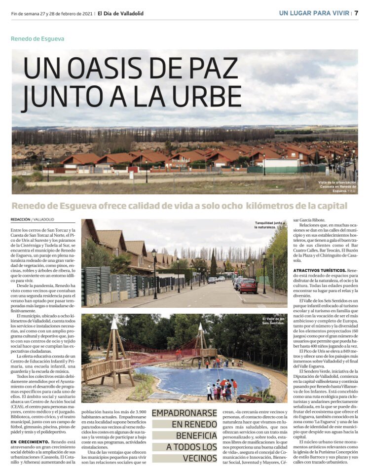 🔵 UN OASIS DE PAZ JUNTO A LA URBE

🗞 El reportaje que esta semana ha publicado El Día de Valladolid sobre Renedo de Esgueva.

👉🏻 “Empadronarse en Renedo beneficia a todos los vecinos y vecinas”