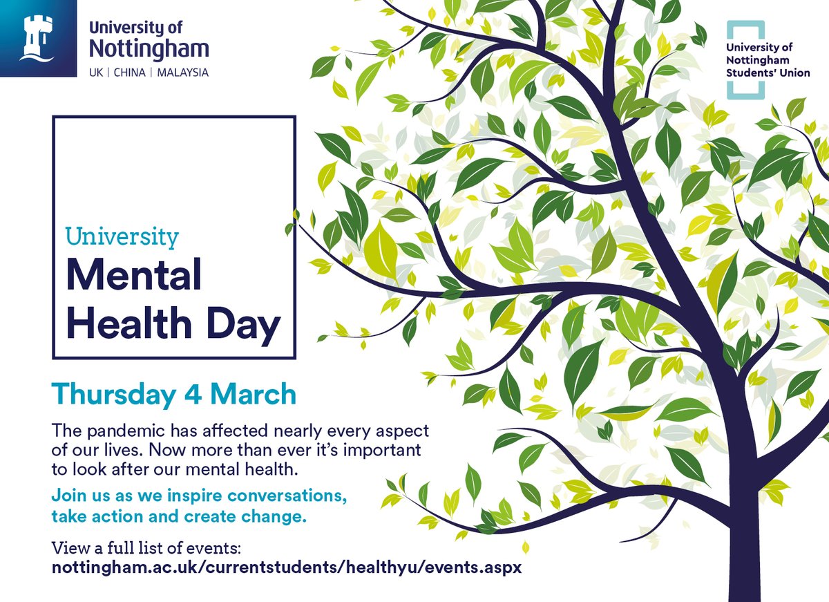 University Mental Health Day takes place on 4 March and to celebrate, we are hosting events and activities across the university, including our very own physical activity challenge: 🚶‍♀️Be Active. Be Outside 🌳

You can find out more at: nottingham.ac.uk/current.../hea…