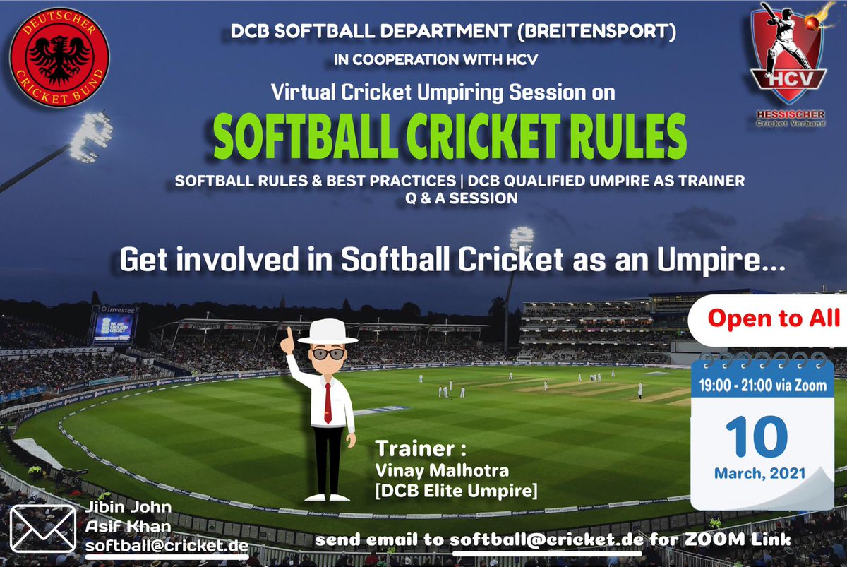 SVSEaglesCC's tweet photo. DCBs Softball division in cooperation with Hessischer Cricket Verband (HCV) is conducting an umpires course for softball rules.

For regustration &amp; zoom link, please send an email to softball@cricket.de with the following details
Full Name, Club/Team Name, your region/location. https://t.co/QDRefvZ648