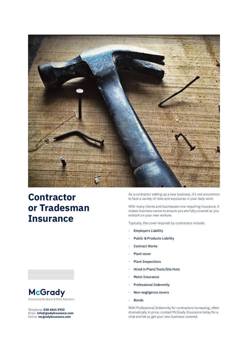 McGradyIns's tweet image. As a contractor setting up a new business, it’s not uncommon to face a variety of risks and exposures. It makes business sense to ensure you are fully covered as you embark on your new venture. Contact us for more information.

#NewTradeBusiness #ContractorStartup