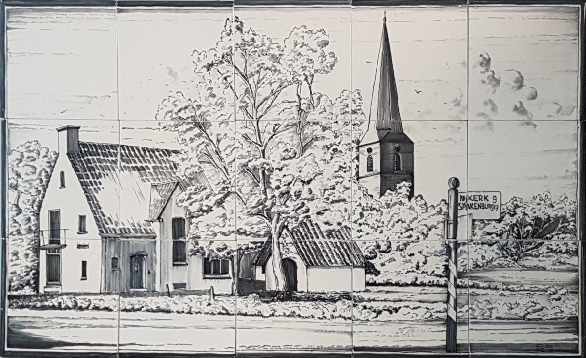 FriesAardewerk's tweet photo. Tableau with village view tells a story:

A couple moved into a new home and it has been documented in this village scene, executed in antracite grey. Painted by master painter Bart v/d Wal. 
Another fine example of the power of manual work, made in Harlingen! 
#village #Painted https://t.co/inFVH46QiB