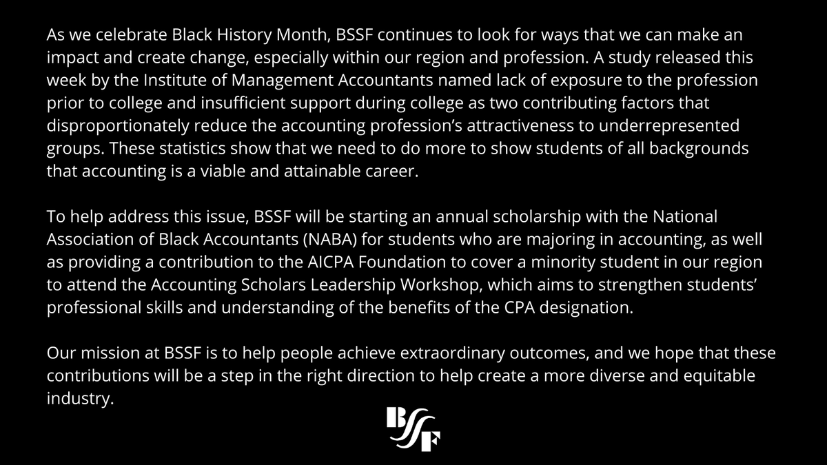 BrownPlusCPAs's tweet photo. As we celebrate Black History Month, BSSF continues to look for opportunities to address diversity, equity, and inclusion in our profession. https://t.co/nxCYe77qL3