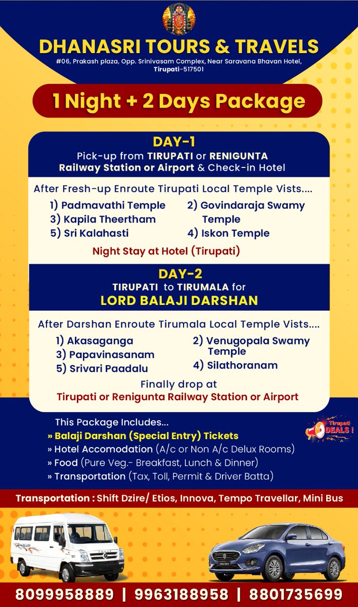 DealsTirupati's tweet photo. Would you like to take a short devotional tour along with Lord Balaji darshan than reach us for more details
Visit our Web App: https://t.co/QShDEaXAd6
Contact us: +91 8099958889, 9963188958, 8801735699
#tirupatideals #dicounts #deals #tirupatismartcity https://t.co/l74515iedK