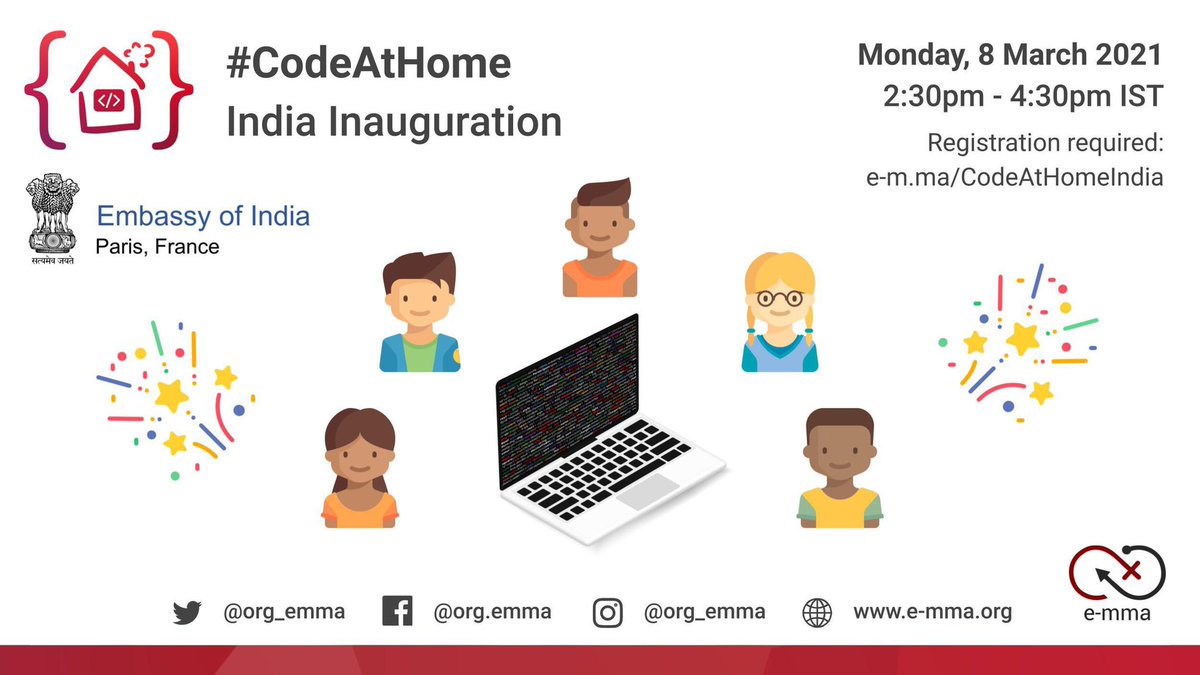 IndiaembFrance's tweet image. Our #CodeAtHome initiative will be launched in India on 8 March!
It will help millions of youngsters in India to acquire coding skills online for free!
Link to the Registration  : e-m.ma/CodeAtHomeIndia
