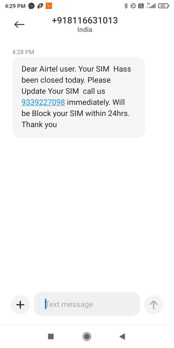 Hi <a href="/Airtel_Presence/">Airtel Cares</a> <a href="/airtelindia/">airtel India</a> received this text today from "you". Please look and take action. Someone may actually fall prey to such scams.