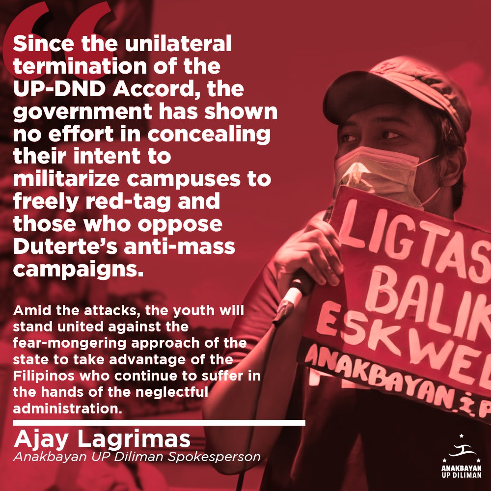Anakbayan_UPD's tweet photo. "Amid the attacks, the youth will stand united against the fear-mongering approach of the state to take advantage of the Filipinos who continue to suffer at the hands of the neglectful administration."
#AFP_PNPKeepOutOfUP
#DefendAcademicFreedom
#NoToCampusMilitarization https://t.co/AkbJ90QhhO