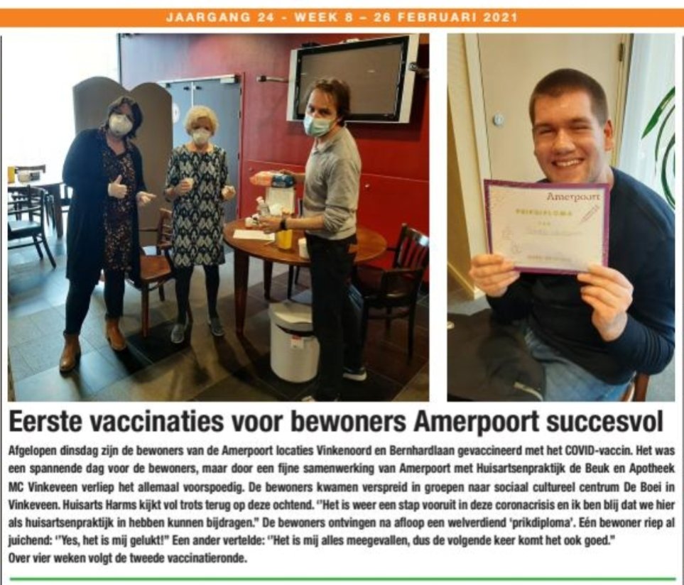 Eerste vaccinatie voor de jongeren <a href="/bernhardlaan/">Prinsbernhardlaan</a> <a href="/vinkenoord/">Vinkenoord</a> <a href="/Amerpoort/">Amerpoort-Sherpa</a> !! Op de voorpagina <a href="/groenevenen/">De Groene Venen</a>

Vandaag 2e vaccinatie voor de clientenvan de verpleegzorg locatie <a href="/Kerkelanden/">Lokatie Kerkelanden 89 91</a>! #feest #taartjes dank voor de samenwerking @CareynOnline 🎉 #trots