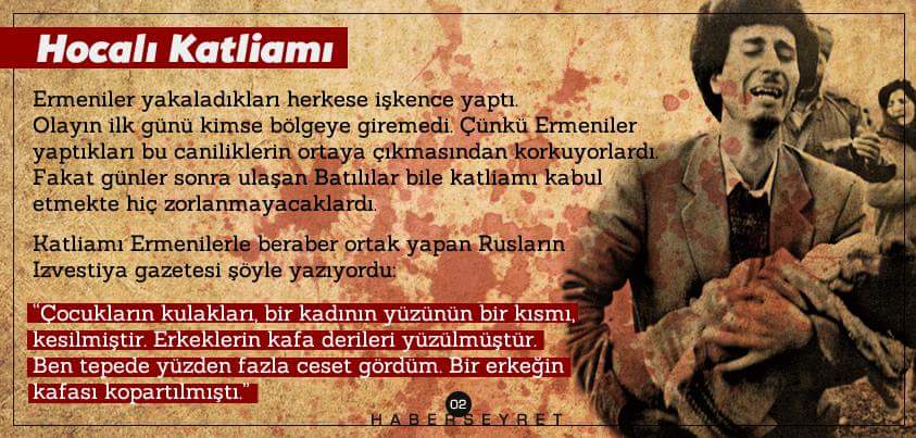 Iyyemmm's tweet photo. The Russian newspaper Izvestiya :

Children's ears, part of a woman's face cut off.  Men are scalped. I saw thousands of bodies on the hill. A man's head was ripped off.

#HocalıSoykırımı #hocalıkatliamı https://t.co/SieFpYvvDX