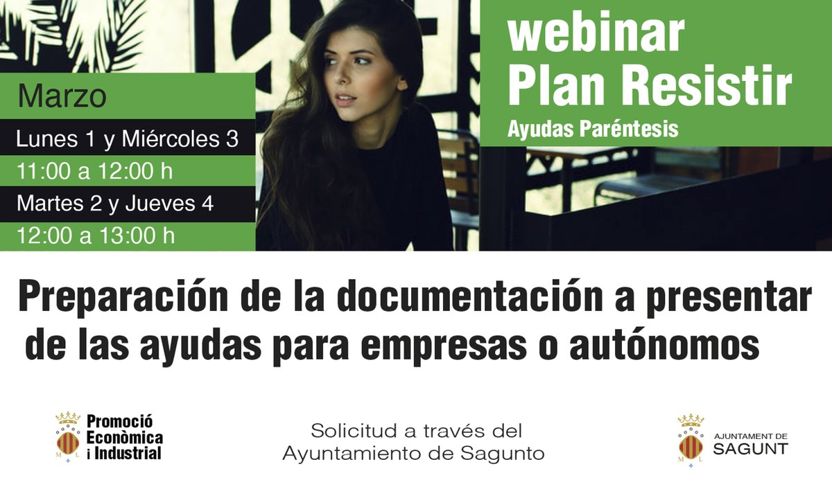 promoecosagunt's tweet photo. 📢El Ayuntamiento de Sagunto lanza un webinar para ayudar a preparar la documentación a autónomos y empresas que estén incluidas en las normas reguladoras del procedimiento “Ayudas Paréntesis” Plan #Resistir https://t.co/sCgR7WR7Mj
Inscripciones https://t.co/4fw0WiCqvA https://t.co/SrpSOVo3Mk