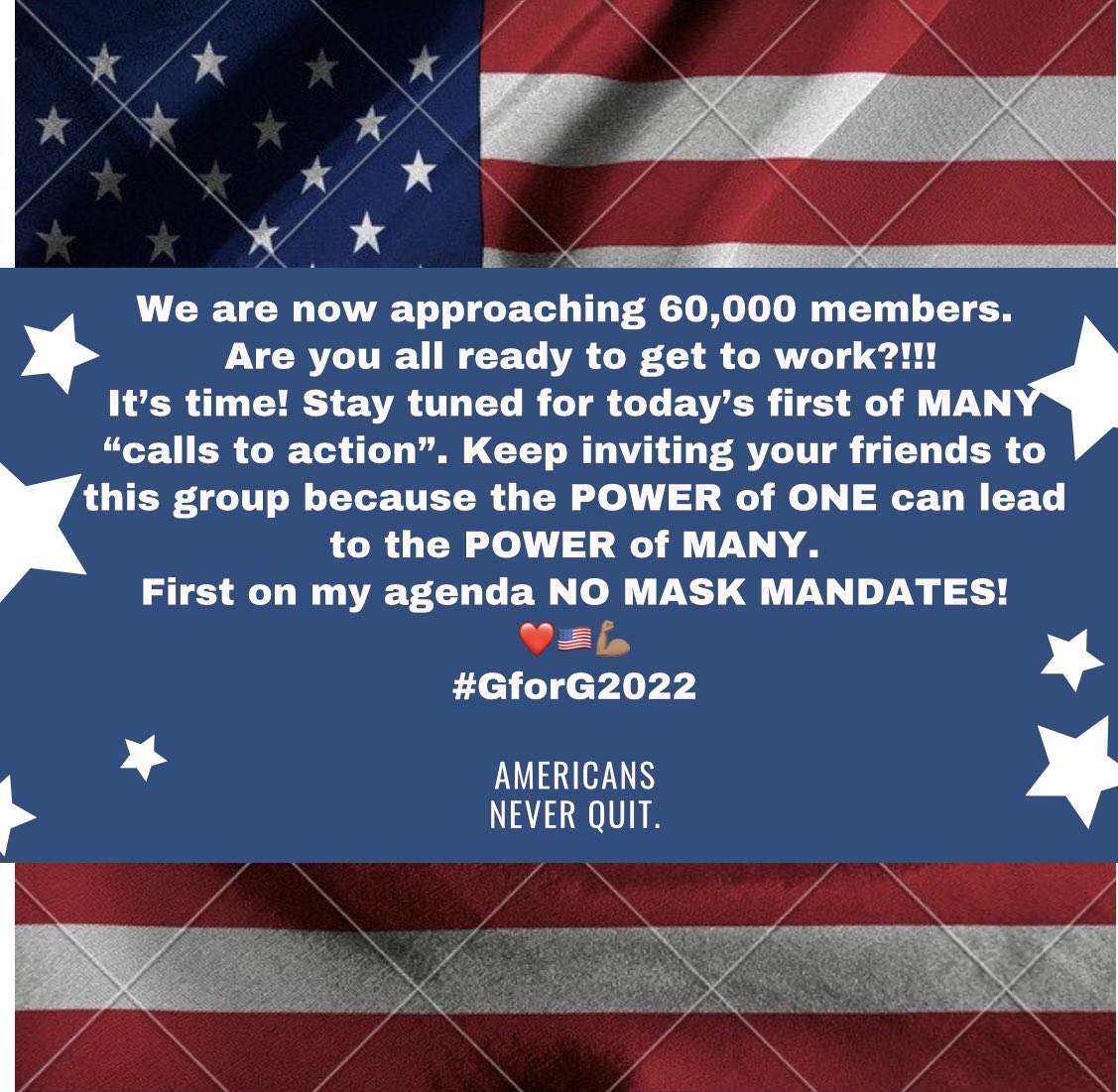 GarrettSoldano's tweet photo. It’s time to get to work folks.... get ready my Keyboard Warriors. 
First on the list, NO MASK MANDATES. 
I’ll update you soon on what to do
💪🏽🇺🇸❤️
#GforG2022 https://t.co/0N9VSAMgGZ