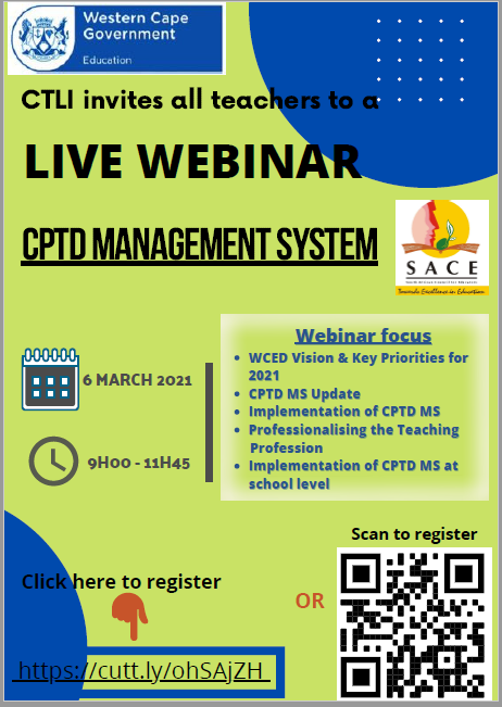 All teachers are invited to a seminar with CTLI and SACE where all aspects of CPTD will be discussed. Maximise your professional development opportunities by being informed on all relevant issues. Registrations now open at cutt.ly/ohSAjZH