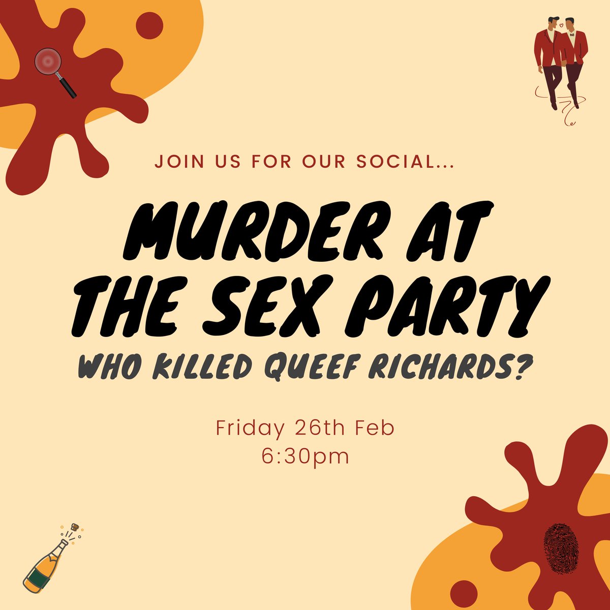 SexpressionYork's tweet image. TONIGHT at 6:30pm we're hosting the social 'Murder at the Sex Party: Who Killed Queef Richards?' 🔎 

You don't need to be a Sexpression member to come along and we absolutely encourage you to bring your friends and housemates.

Simply shoot us a DM to get the zoom link 🔗