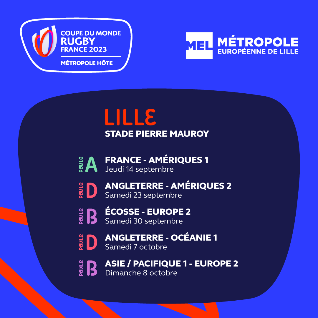 Hello_Lille's tweet photo. Ça y est c'est officiel ! Voici le calendrier des matchs qui se passeront à Lille au @StadePM dans le cadre de la Coupe du monde de rugby @France2023. Tellement hâte ! #hellolille #hellorugby https://t.co/oopbTWgtIJ