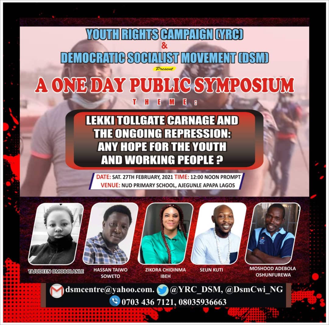 #AjegunleDSMSymposium organized by <a href="/YRC_DSM/">Youth Rights Campaign (YRC)</a> to discuss #LekkiMassaccre &amp; the ongoing Repression: Any Hope for the Youth &amp; working people? Speakers include: <a href="/HTSoweto/">Hassan Taiwo Soweto</a>, <a href="/RealSeunKuti/">Seun Anikulapo Kuti</a> @Zdooshoma, <a href="/moshoodho22/">Moshood HO2</a>, Date: Sat.27th Feb. Venue: NUD Primary school, Ajegunle, Apapa Time: 12pm