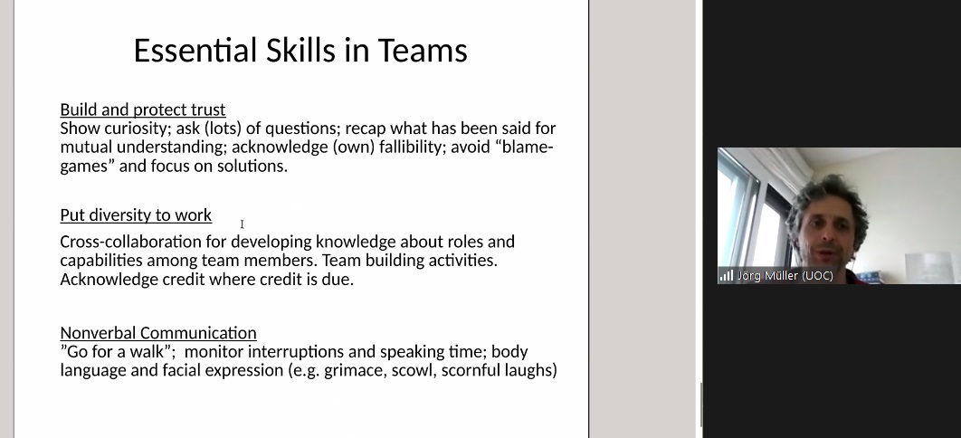 GENTIC_UOC's tweet photo. .@JorgMullerRes talks about #collaboration and #efficiency of working #teams and presents research carried out by the @gedii_project. Psychological safety, empathy and trust are important aspects to build excellent teams and take the most out of team #diversity.

#plusRESILIENT https://t.co/kfAaDqNMRN