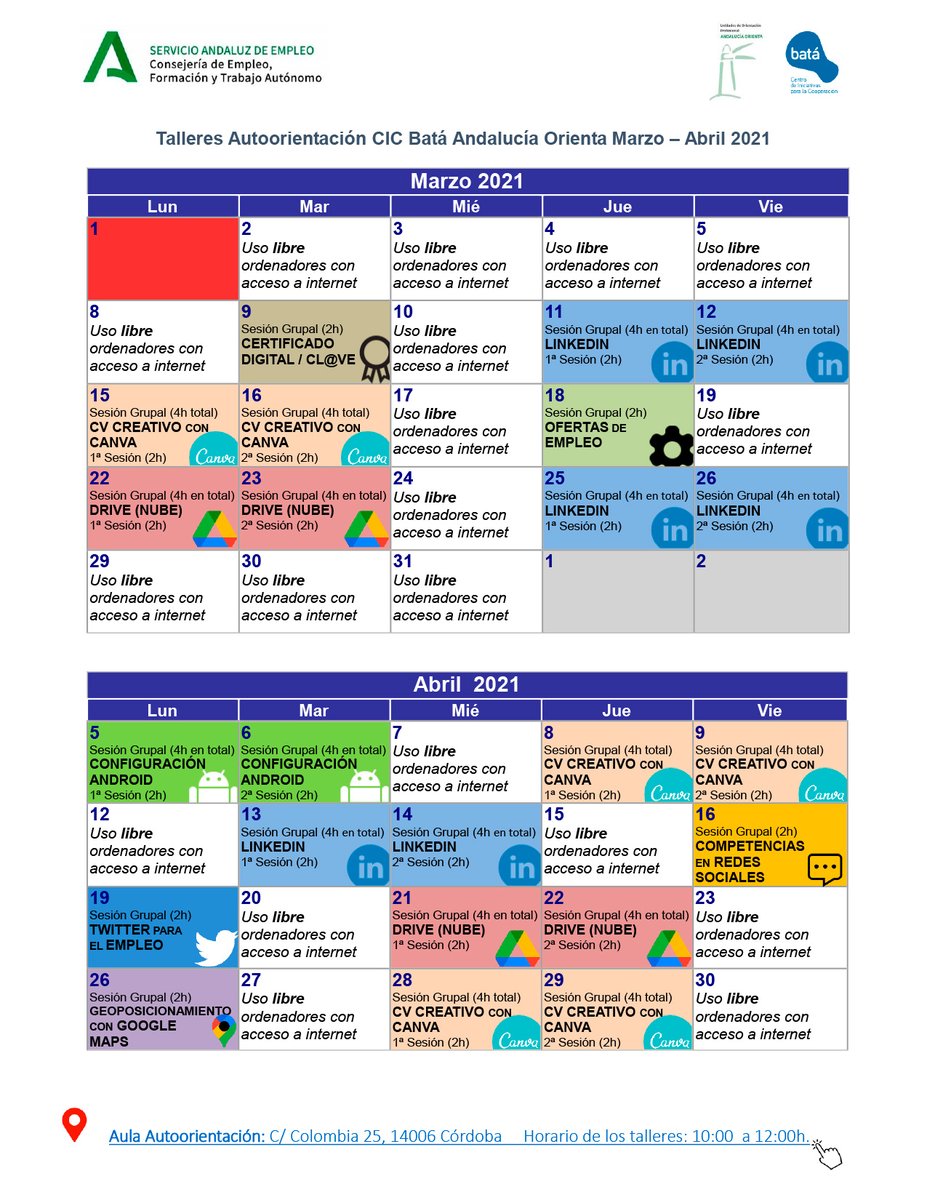 Ya tenemos el calendario de talleres de Autoorientación de nuestra entidad, podéis solicitar la inscripción a través de los servicios de la red #AndalucíaOrienta del <a href="/SAEmpleo/">Serv. Andaluz Empleo</a> .

#formación #empleo #TIC