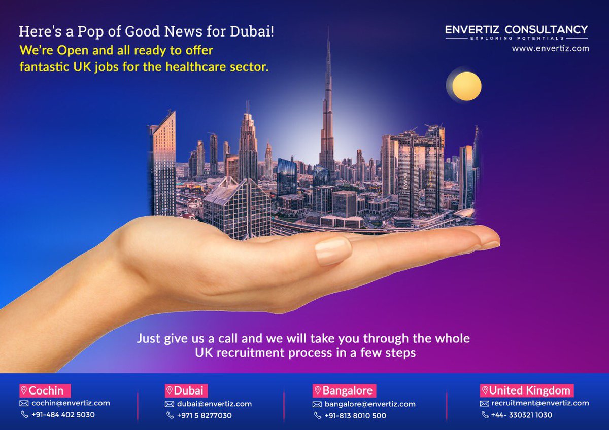 Envertiz's tweet photo. Hello Dubai :) we are proud to announce our new office at Dubai. Candidates from Middle East can easily relocate to the uk through us now #middleast #dubainurse #envertiz https://t.co/GCMs2KbRQU