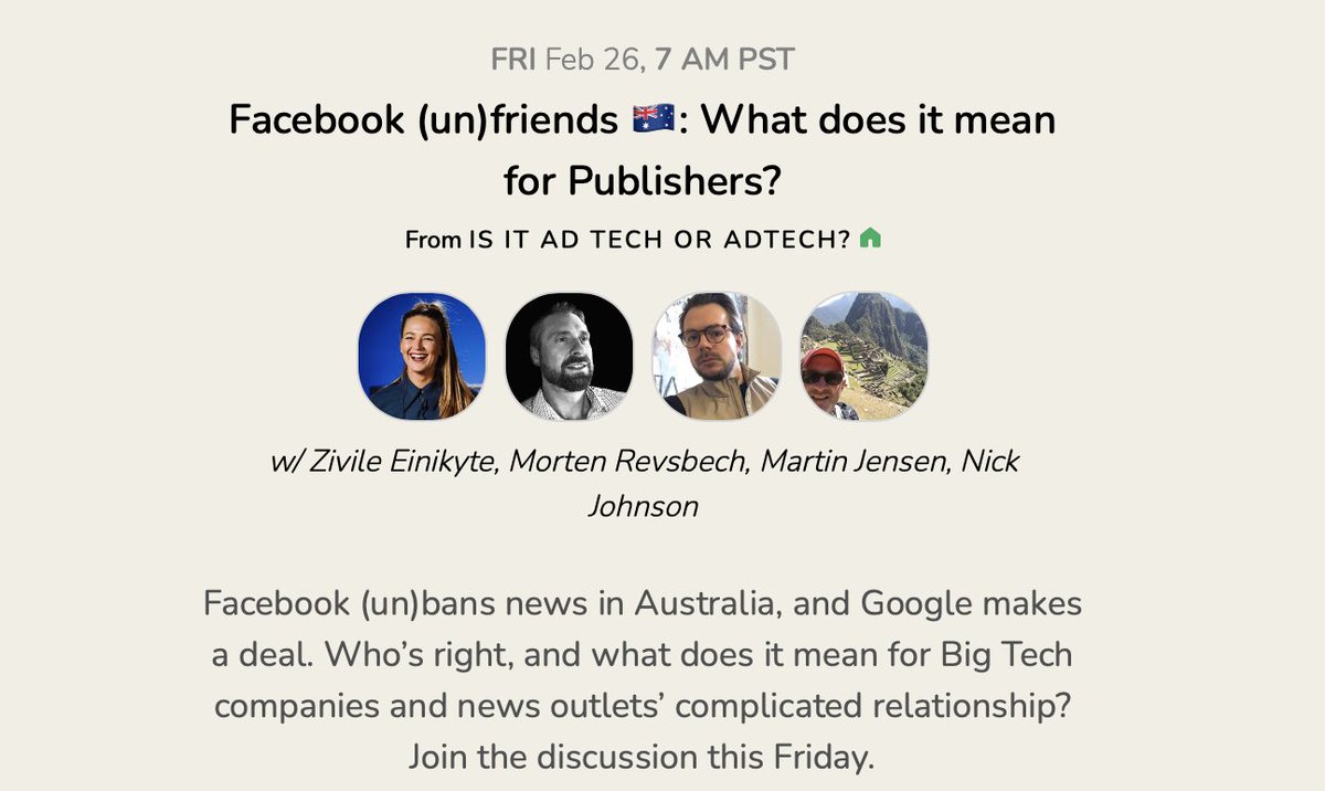 The conversation is twisting. #Facebook reverses its Australian news ban after negotiations with the government.

Drop-in today, Friday, Feb 26 at 10:00 AM EST / 4:00 PM CET on #clubhouse. Facebook (un)friends Australia: What does it mean for News Outlets (and Big Tech)?#adtech