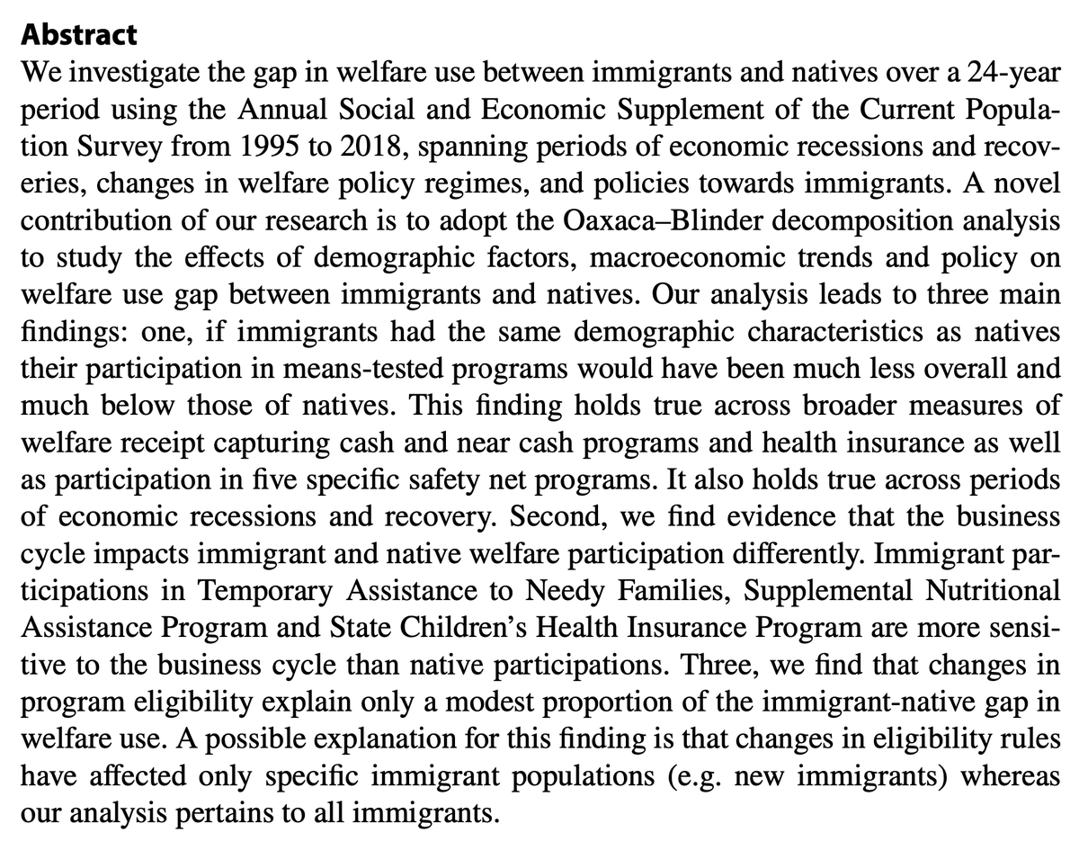 US immigrants receive welfare at rates much lower than natives of similar age, ethnicity, and education.By Huang, Kaushal ( @ColumbiaSSW), & Wang ( @China_Columbia)—>  https://doi.org/10.1007/s11113-020-09621-8 This evidence is inconsistent with welfare being an important motivator to immigrate.