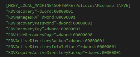 StevenKister1's tweet photo. @rnabmitra @byteben I've recently learned these reg keys also allow removal drives BitLocker recovery keys to escrow to Azure AD. Haven't tested yet though. Push via MEM PowerShell script. https://t.co/sIk1FlUflz