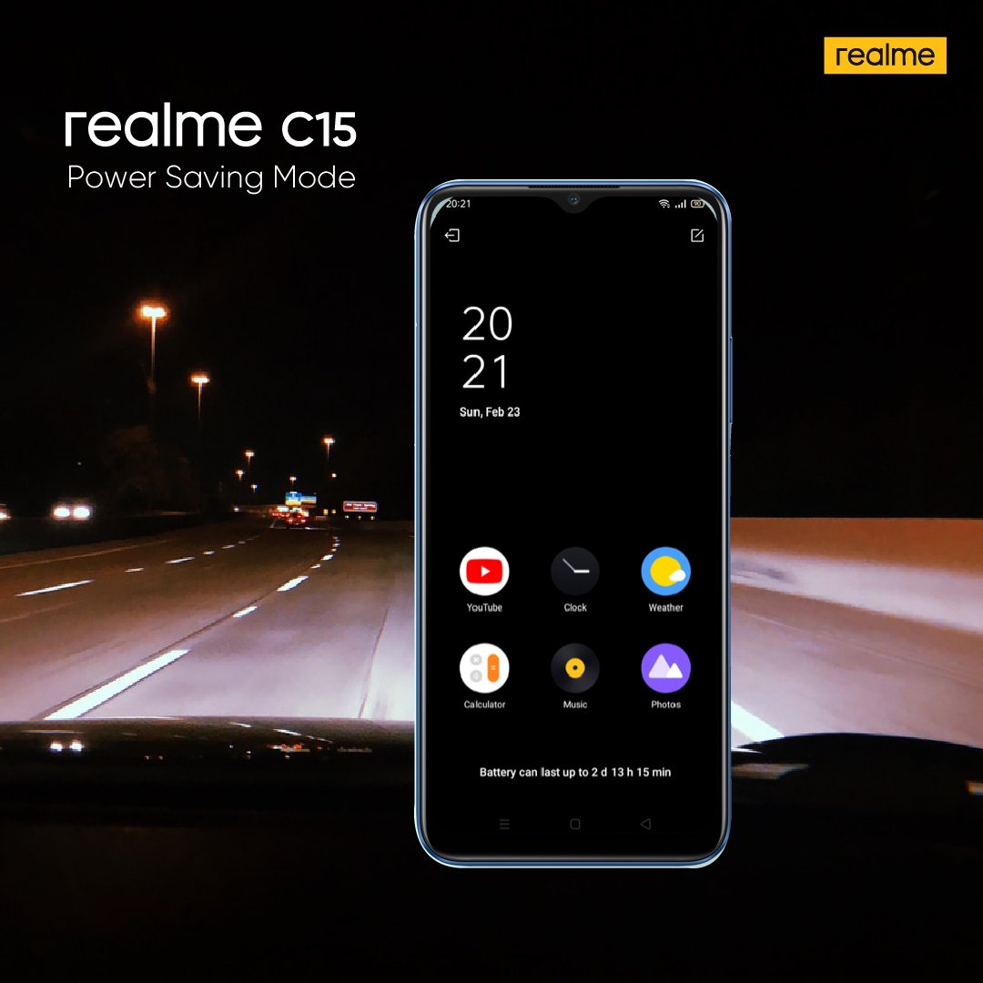 realmeKenya's tweet photo. No matter how low your battery gets, #realmeC15 Super Power Saving Mode will see your phone through up to 107 minutes when under 5%.

#DareToLove
#PowerSavingMode
#realmeC15

Get it on: https://t.co/a4X8wRL6Kx https://t.co/z2nmjbwXtp
