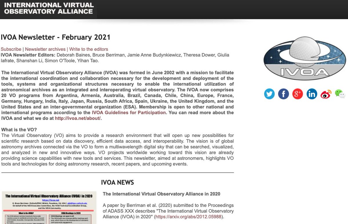 The February 2021 issue of the #IVOA Newsletter is now available! This newsletter for #astronomers is intended to highlight new capabilities of VO tools and technologies for doing astronomy research.
ivoa.net/newsletter/023/