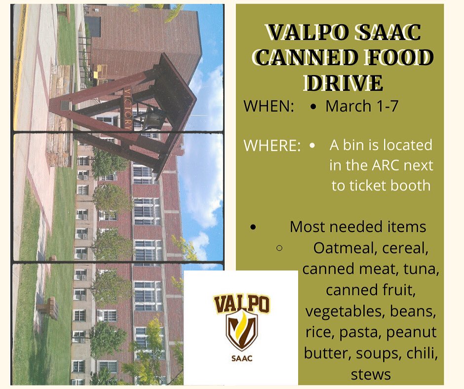 ValpoSAAC's tweet photo. Happy Friday! Just a reminder that the Canned Food Drive will be kicking off in just a few days. This is a great cause that will be helping so many people. We will be posting more information throughout the week! https://t.co/QpmxIXvR09