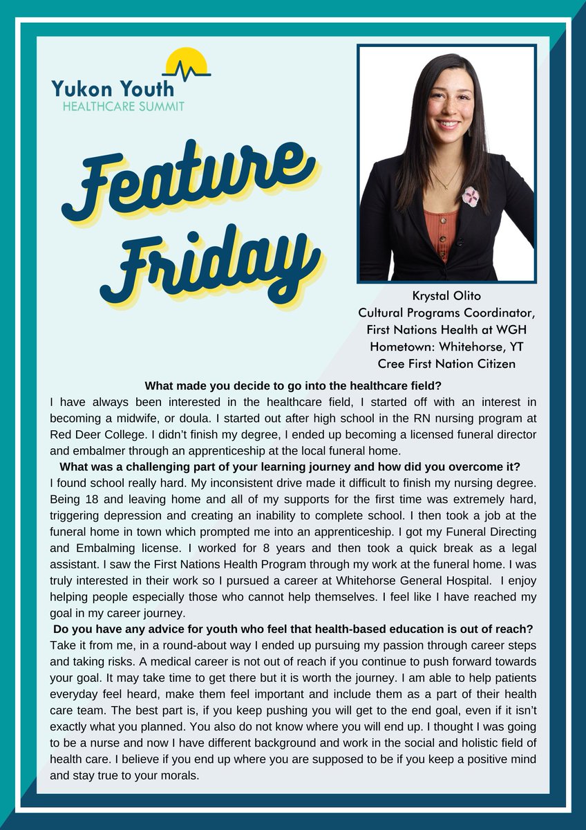 Happy #FeatureFriday everyone! 

Today, Krystal Olito shares her amazing story that led her to becoming the Cultural Programs Coordinator with First Nations Health Programs at <a href="/YukonHospitals/">Yukon Hospitals</a> 

Thank you, Krystal, what an incredible journey!
