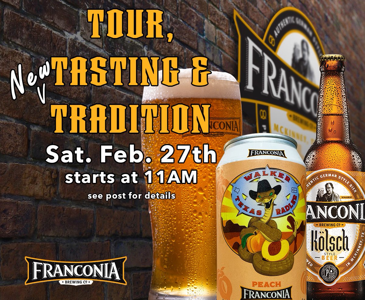 COME TAKE A BREWERY TOUR!!! 🍻🍻🍻 🍻🍻🍻

Our Next Tour will be held Saturday, February 27th starting at 11 am. at the Franconia Brewing Company, located at 495 McKinney Pkwy, McKinney, Texas. 

BOOK EARLY at franconiabrewing.com/brewery-tour/ because capacity will be limited.