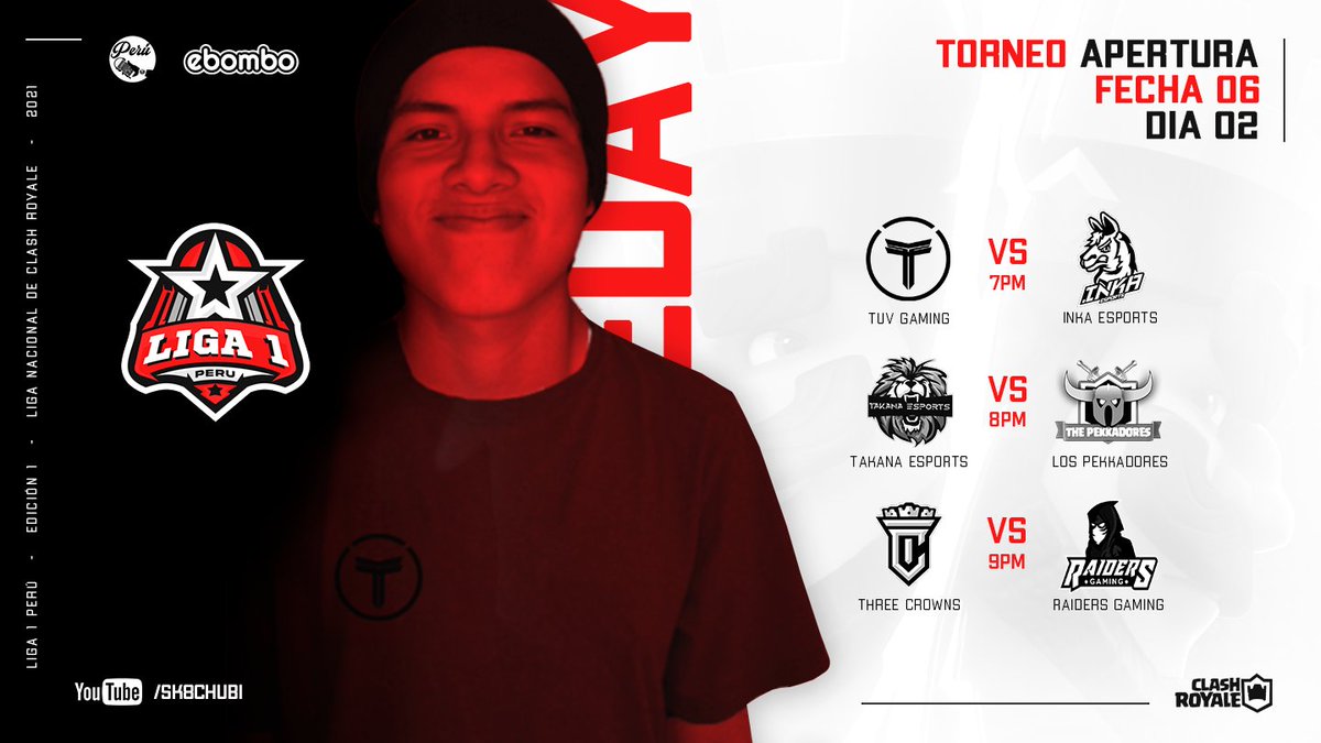 📢Seguimos con la <a href="/LIGA1_PE/">LIGA 1 PERÚ</a> 
FECHA 6 / DÍA 2
Transmisión en VIVO
🎙️| <a href="/Sk8ChubiCR/">Sk8Chubi</a>
📝| <a href="/EnriqueBlackxd/">Enrique 19加西亞✨ </a>
📺| youtube.com/channel/UCclNp…

⏰| 7:00pm
<a href="/TUV_GamingGG/">TUV Gaming™</a>
🆚
<a href="/InkaEsports/">Inka Esports</a>

⏰| 8:00pm
<a href="/EsportsTakana/">Takana Esports</a>
🆚
@Lospekkadores

⏰| 9:00pm
<a href="/ThreeCrownsGG/">ThreeCrowns™</a>
🆚
@RaidersGamingGG

Los esperamos...