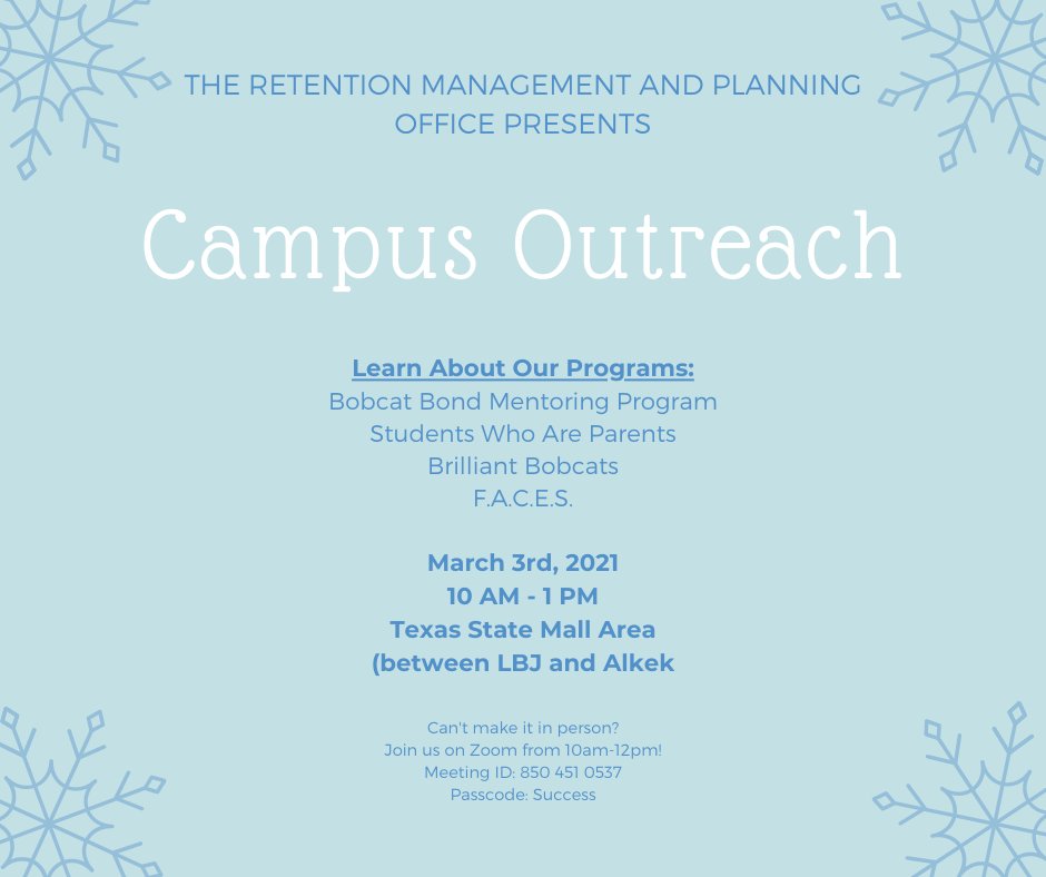 Leave the chilly weather behind and join us out on the Mall area next Wednesday! We will be handing out pre-packaged snacks and promotional items, as well as talking to you about our programs and services. See you on at the Mall! #TXST #TXSTSuccess