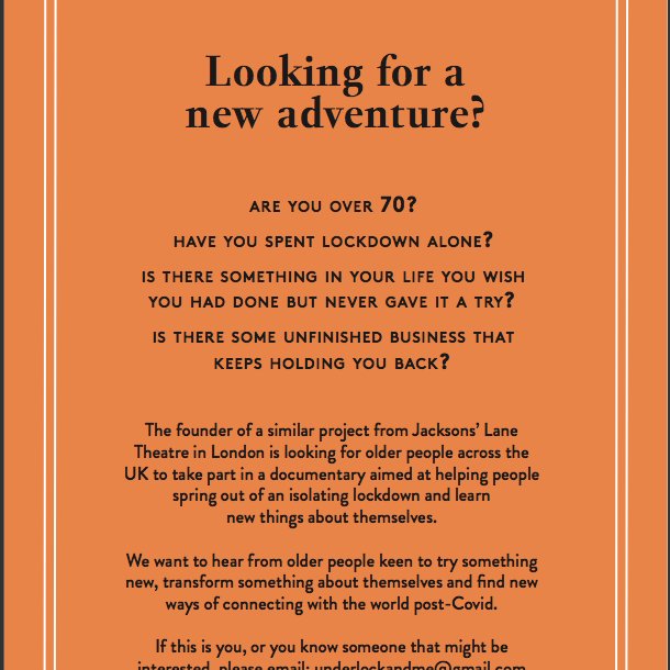 UnderLock_Me's tweet photo. Take part in our #documentary 

If you, or anyone you know, is 70+ and faced #lockdown alone in UK - we would like to hear from you for an inspirational #film about challenging #age stereotypes, trying new things and living fully! Please RT or get in touch
#elderly #life #story https://t.co/iJi5IZkjmp