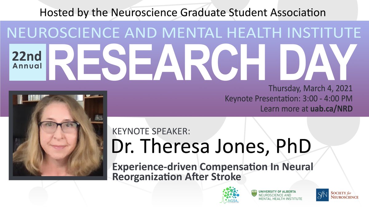 ualberta_neuro's tweet photo. The 22nd annual Neuroscience and Mental Health Institute Research day (NRD) is just under one week away! Our keynote speaker this year will be Dr. Theresa Jones. For more information or to sign up for free, please visit https://t.co/KqJ4cW8ZMp #NMHI @NMHI_UofA https://t.co/zxgHUiXsRk