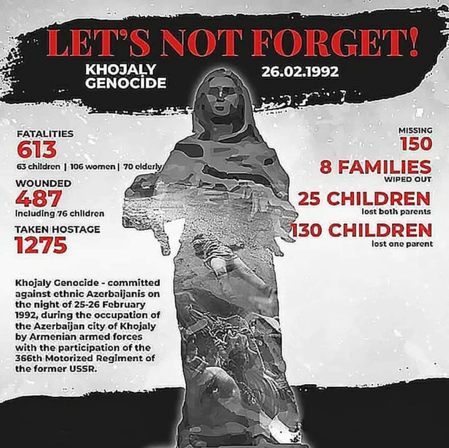 AghayevaSamira's tweet photo. 150 Azerbaijanis that the Armenians captured during the #KhojalyMassacre remain missing. In the massacre, 8 families were completely wiped out, while 130 children lost one parent, and 25 children lost both parents. @abc7newsbayarea @nbcbayarea @sfchronicle @sacbee_news @latimes https://t.co/rE7TLVFP9s