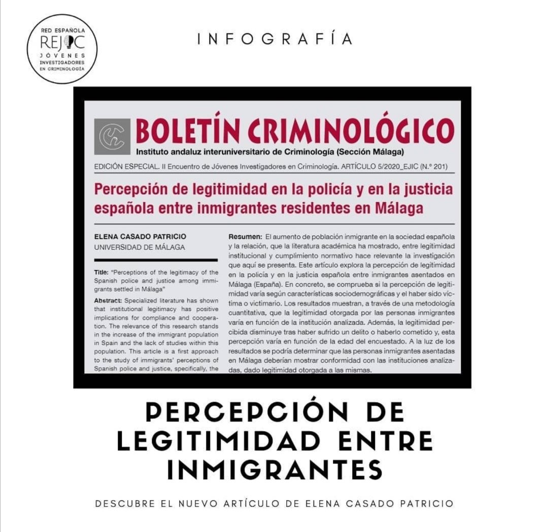 REJIC_difusion's tweet photo. Seguimos con la difusión de los artículos de la Edición Especial del Boletín Criminológico con los resultados del #IIEJIC 🤓💡.
Descubre los resultados del estudio de nuestra vocal @ElenaCasadoP, sobre la legitimidad de las instituciones en una muestra de migrantes de Málaga. https://t.co/Ips0Jmqdap