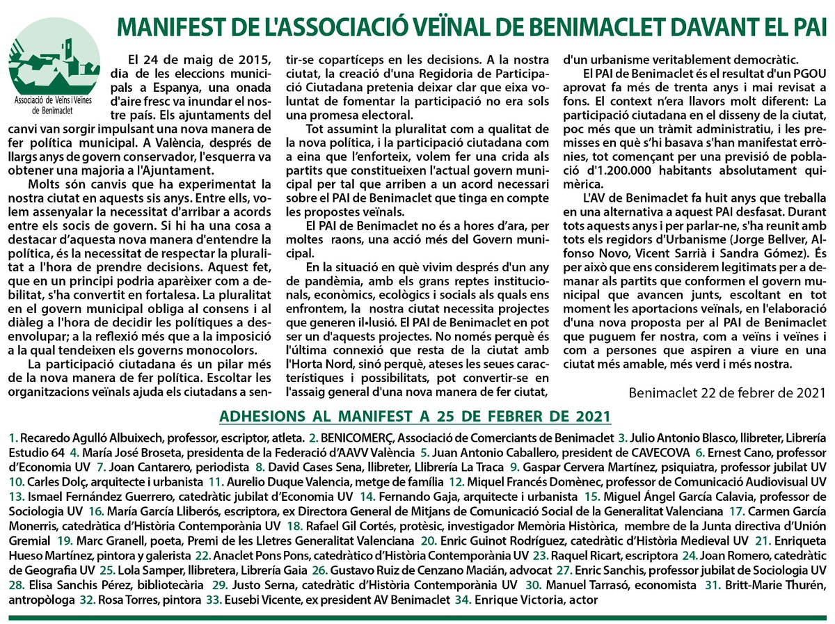 BenimacletAvv's tweet photo. #NoAlPaiDeMetrovacesa
.@joanribo
.@SanGomezLopez
.@F_vecinos_VLC
La @BenimacletAvv demana a PSPV i Compromis que arriben a un acord sobre el PAI i escolten les propostes dels col·lectius veïnals https://t.co/RZnsPX3hvN