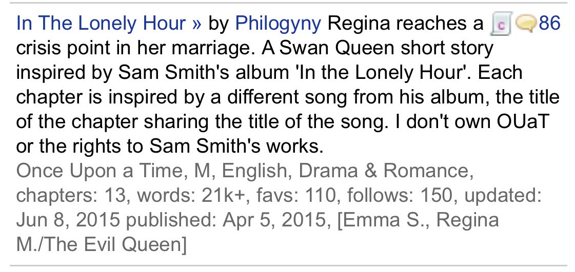 February 26: In the Lonely Hour by Philogyny  https://m.fanfiction.net/s/1116514...